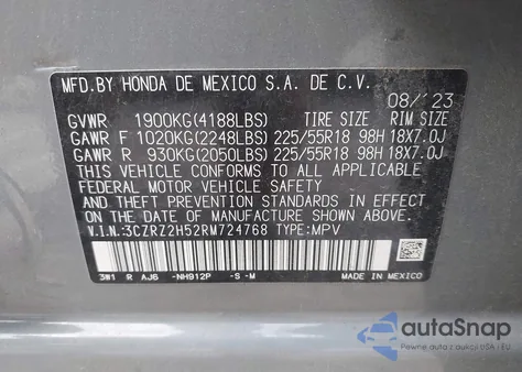 2024 Honda Hr-V Awd Sport/Awd Sport W/O Bsi z USA, uszkodzony, nr VIN 3CZRZ2H52RM724768